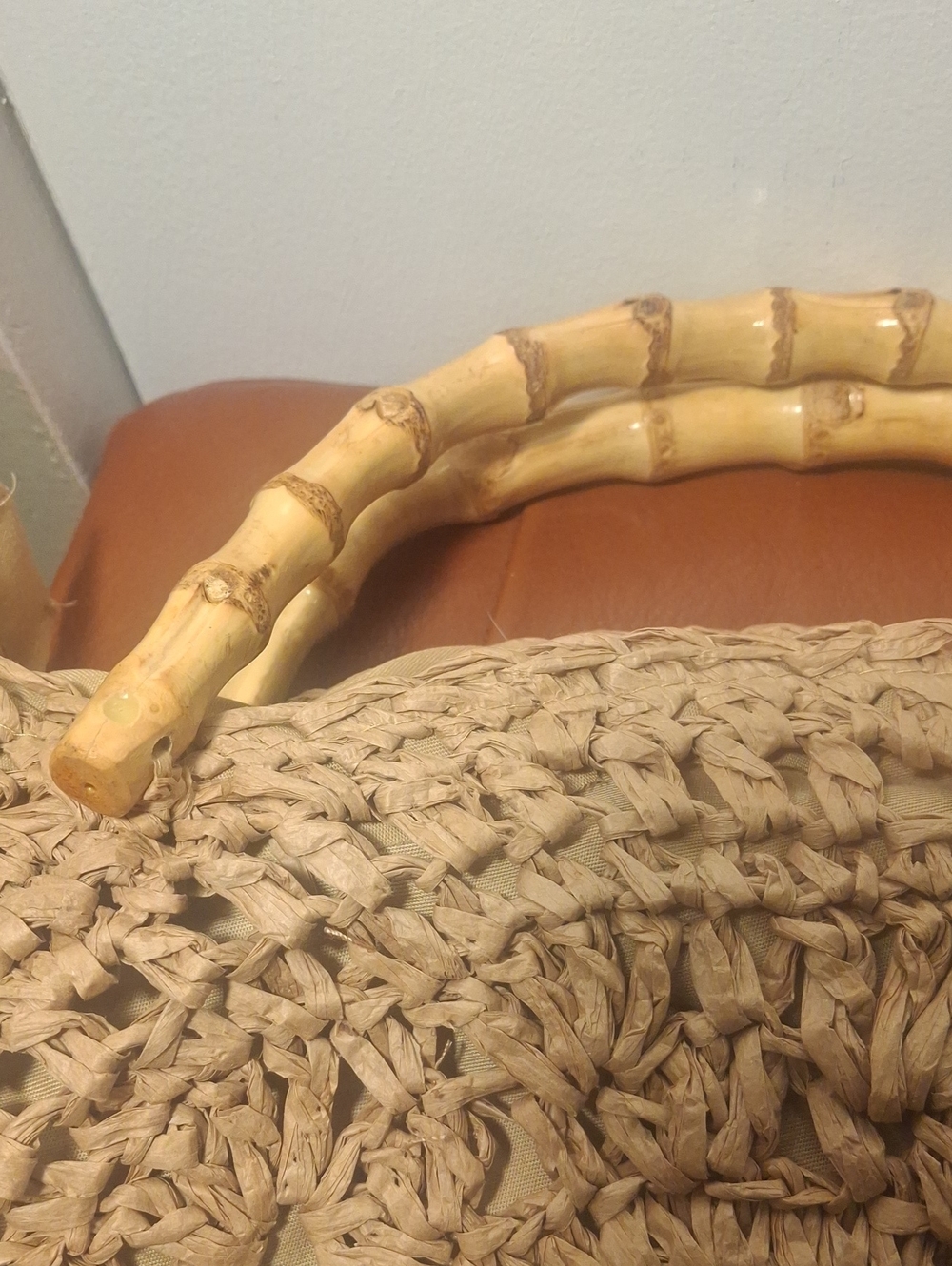 Upcycle Gucci Round Woven Straw Tote with Bamboo Handles and Logo Accent - Picture 3 of 10